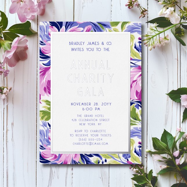 Elegant Pink Blue Floral Charity Event Gala Party Foil Invitation (Creator Uploaded)