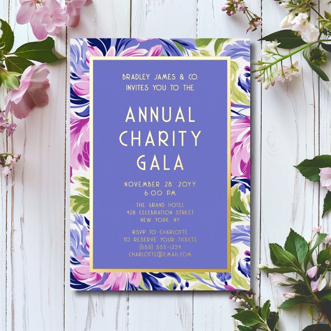 Elegant Pink Blue Floral Charity Event Gala Party Foil Invitation (Creator Uploaded)
