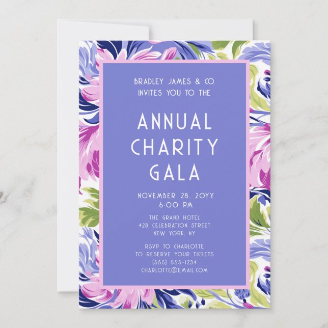 Elegant Pink Blue Floral Charity Event Gala Party Invitation (Front)
