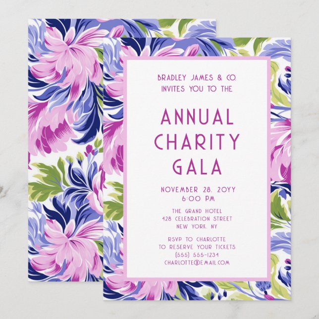 Elegant Pink & Blue Floral Charity Gala Invitation (Front/Back)