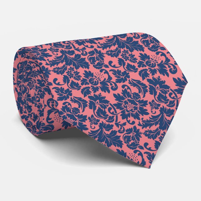 Elegant Pink & Blue Floral Damasks Tie (Rolled)