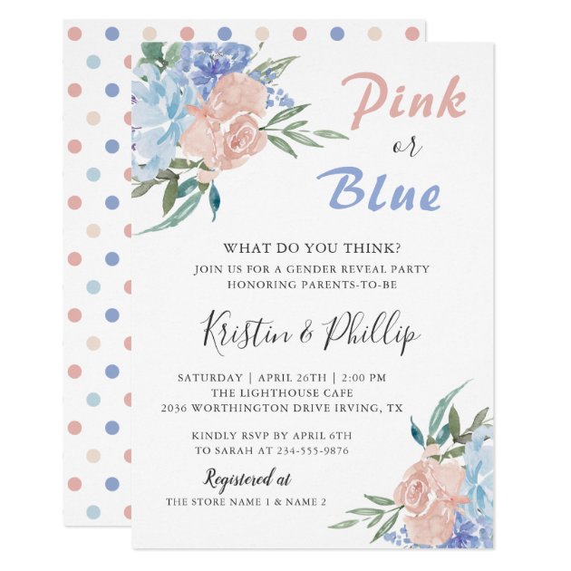 Elegant Pink Blue Floral Gender Reveal Baby Shower Invitation