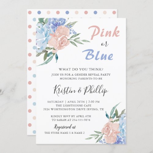 Elegant Pink Blue Floral Gender Reveal Baby shower Invitation