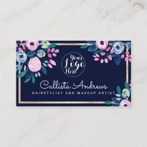 Elegant Pink Blue Floral Gold Border Watercolor Bu Business Card