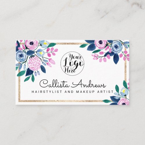 Elegant Pink Blue Floral Gold Border Watercolor Business Card