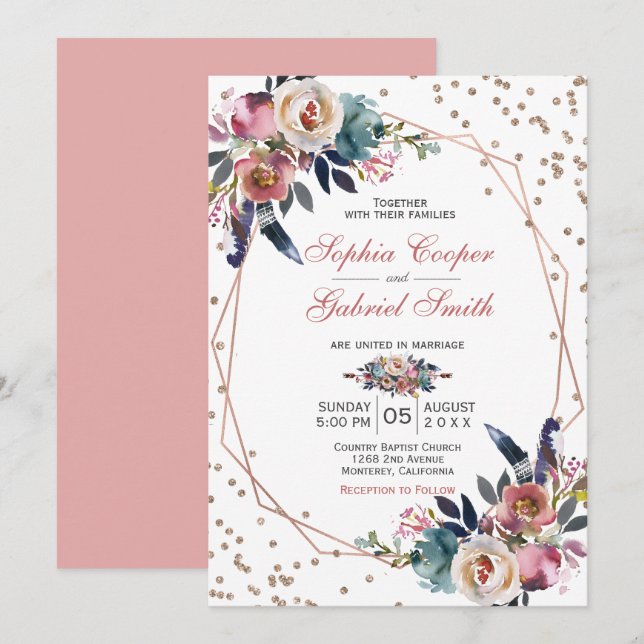 Elegant Pink Blue Floral | Gold Frame Wedding Invitation (Front/Back)