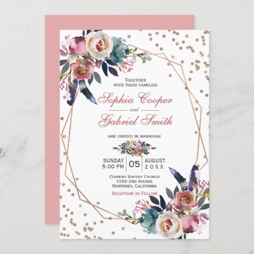 Elegant Pink Blue Floral  Gold Frame Wedding Invitation