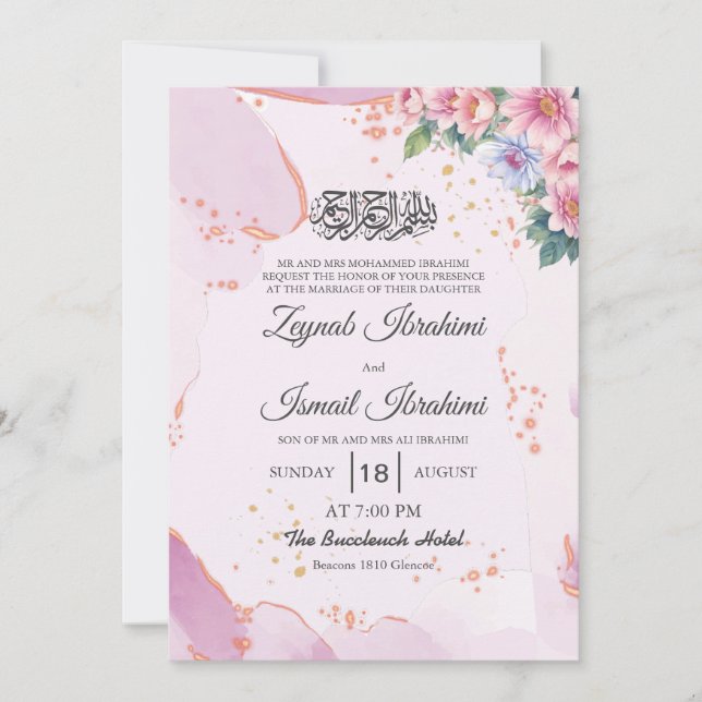 Elegant Pink blue Floral Islamic Muslim Wedding Invitation (Front)