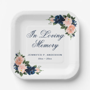 Elegant Pink Blue Floral Memorial Funeral Paper Plates