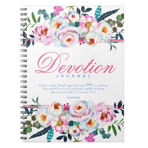 Elegant Pink Blue Floral Named Devotion Journal