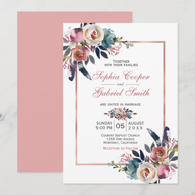 Elegant Pink Blue Floral | Rose Gold Frame Wedding Invitation (Front/Back)