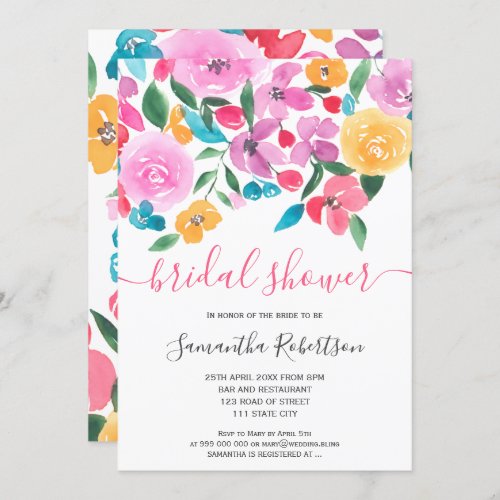 Elegant pink blue floral watercolor bridal shower invitation
