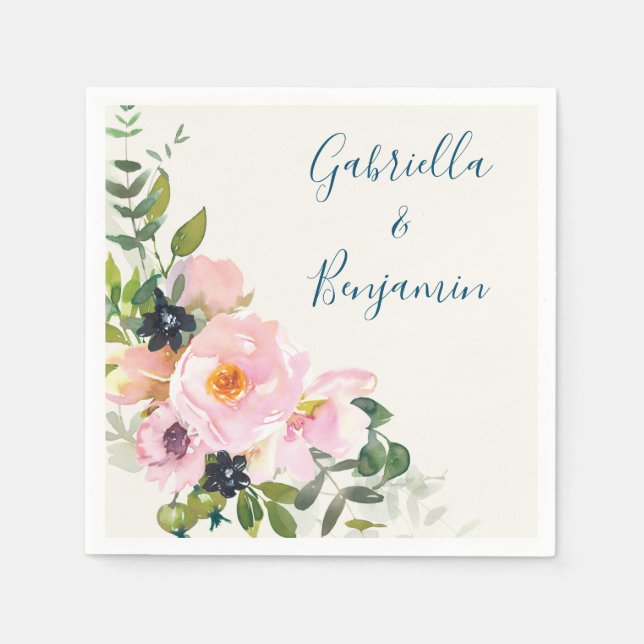 Elegant Pink Blue Floral Watercolor Modern Wedding Napkins (Front)