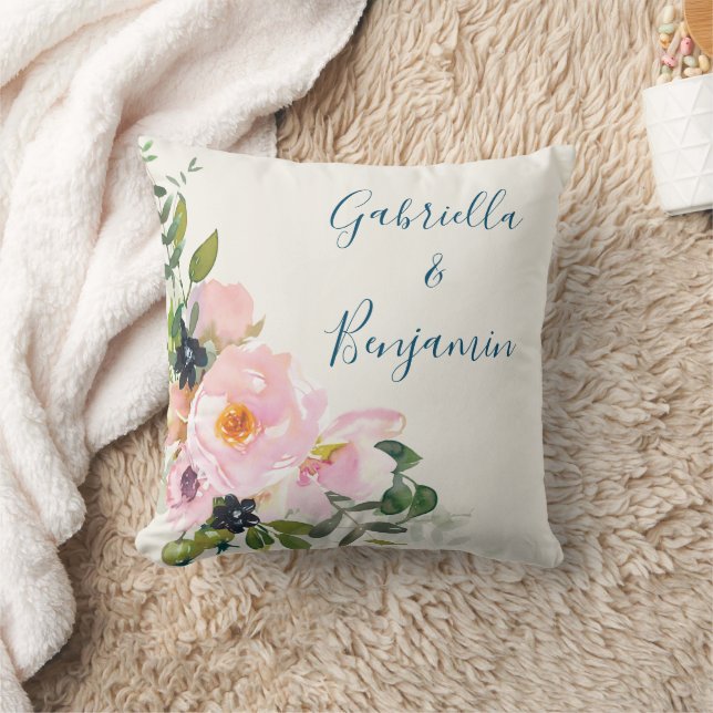 Elegant Pink Blue Floral Watercolor Personalized Throw Pillow Zazzle