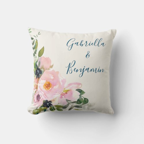 Elegant Pink Blue Floral Watercolor Personalized  Throw Pillow