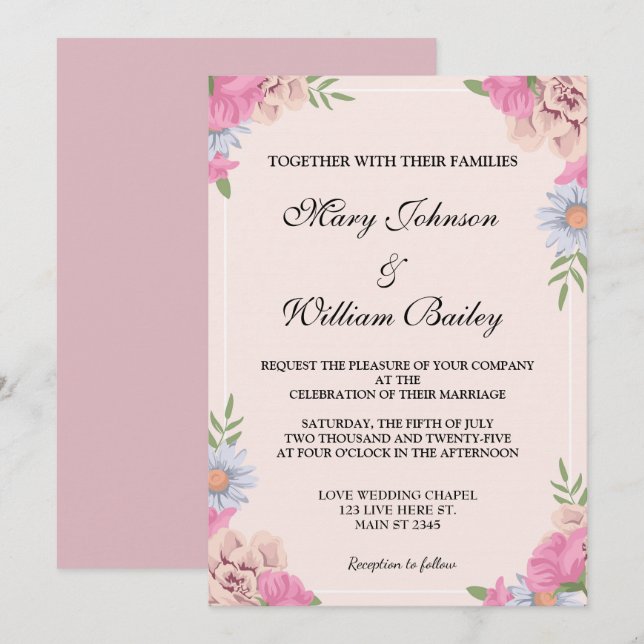 Elegant Pink Blue Floral Wedding Flowers Custom Invitation (Front/Back)