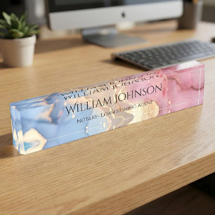 Elegant Pink Blue Gold Alcohol Ink Custom Office Desk Name Plate