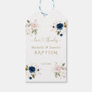 Elegant Pink Blue Gold Floral Twins Baptism Gift Tags