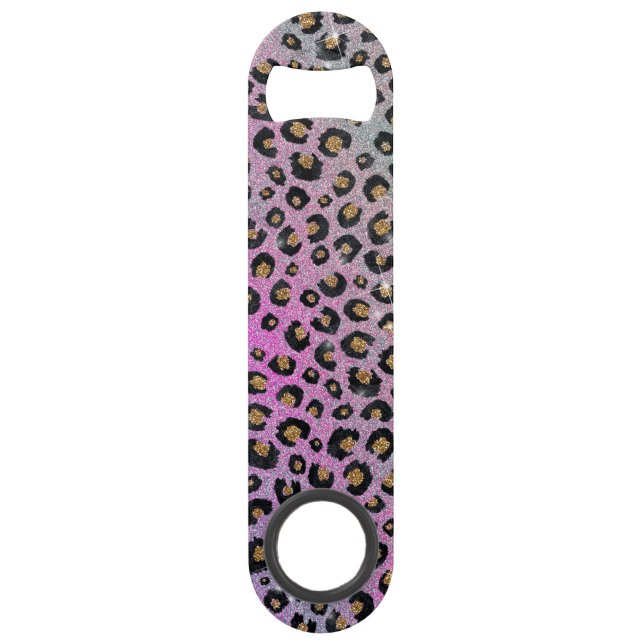 Elegant Pink Blue Gold Glitter Black Leopard Print Bar Key (Front)
