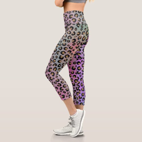 Elegant Pink Blue Gold Glitter Black Leopard Print Capri Leggings