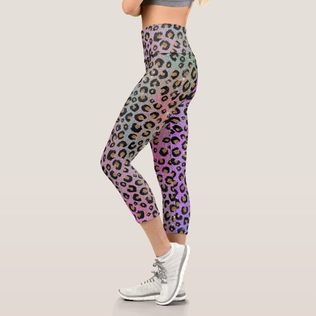 Elegant Pink Blue Gold Glitter Black Leopard Print Capri Leggings (Left)