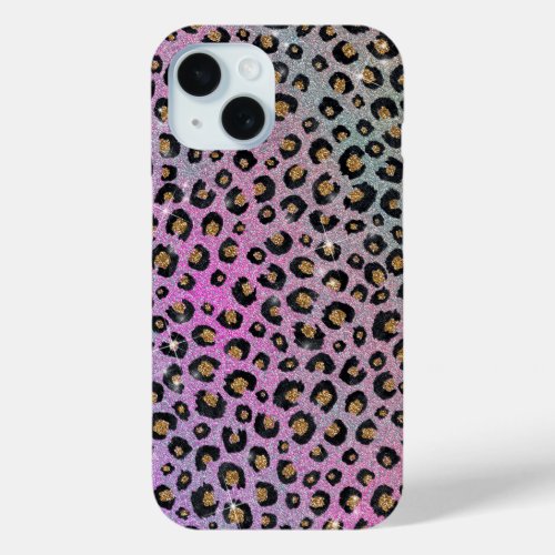 Elegant Pink Blue Gold Glitter Black Leopard Print iPhone 15 Case