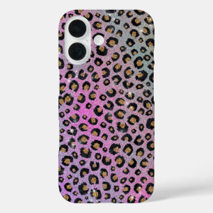 Elegant Pink Blue Gold Glitter Black Leopard Print iPhone 16 Case