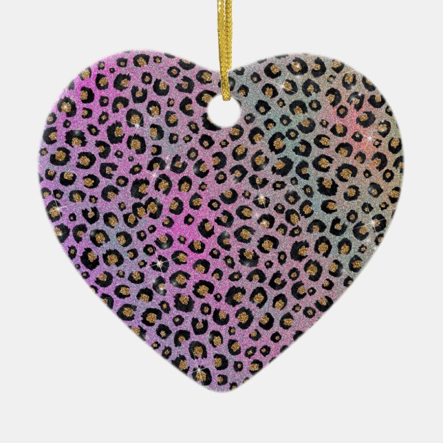 Elegant Pink Blue Gold Glitter Black Leopard Print Ceramic Ornament (Front)