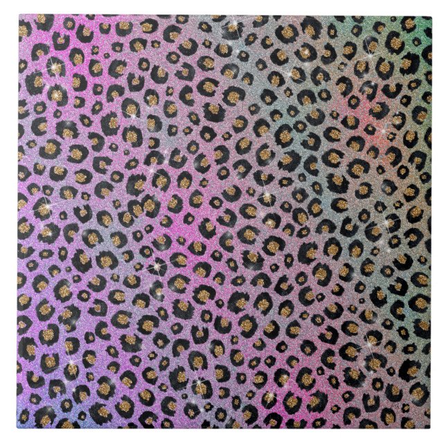 Elegant Pink Blue Gold Glitter Black Leopard Print Ceramic Tile (Front)