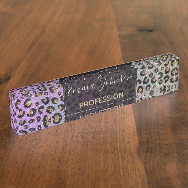 Elegant Pink Blue Gold Glitter Black Leopard Print Desk Name Plate (Side)