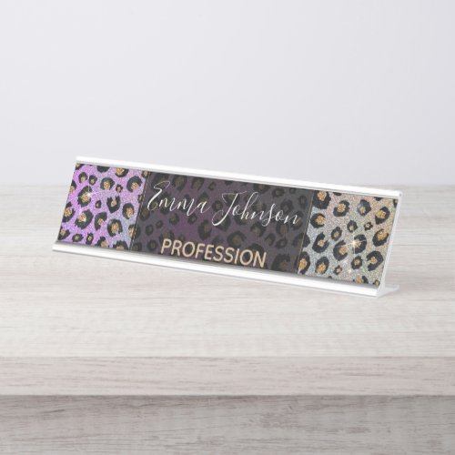 Elegant Pink Blue Gold Glitter Black Leopard Print Desk Name Plate