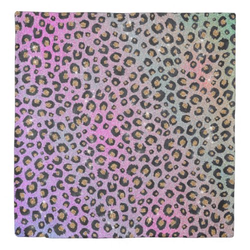 Elegant Pink Blue Gold Glitter Black Leopard Print Duvet Cover