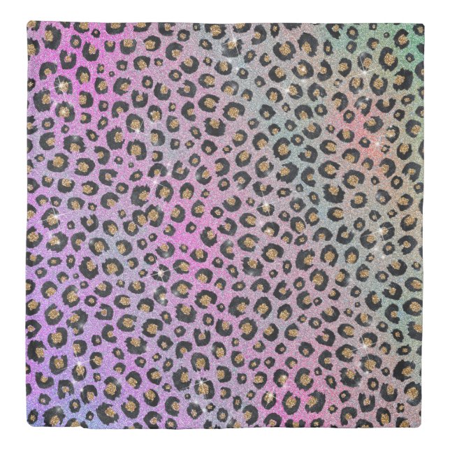 Elegant Pink Blue Gold Glitter Black Leopard Print Duvet Cover (Front)