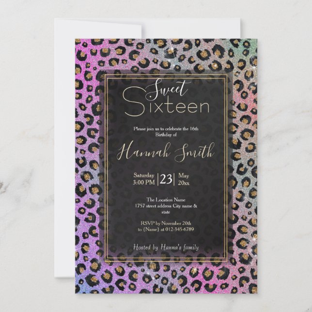 Elegant Pink Blue Gold Glitter Black Leopard Print Invitation (Front)