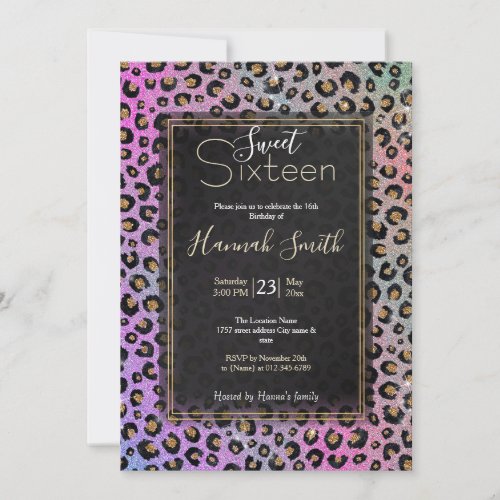 Elegant Pink Blue Gold Glitter Black Leopard Print Invitation