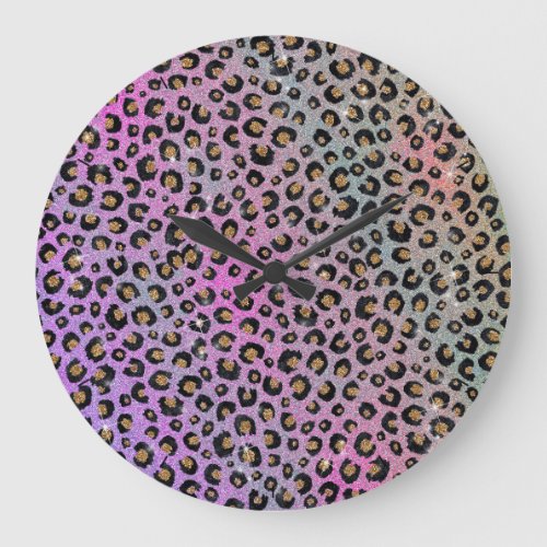 Elegant Pink Blue Gold Glitter Black Leopard Print Large Clock