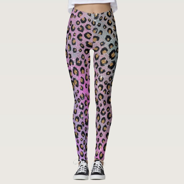 Elegant Pink Blue Gold Glitter Black Leopard Print Leggings (Front)