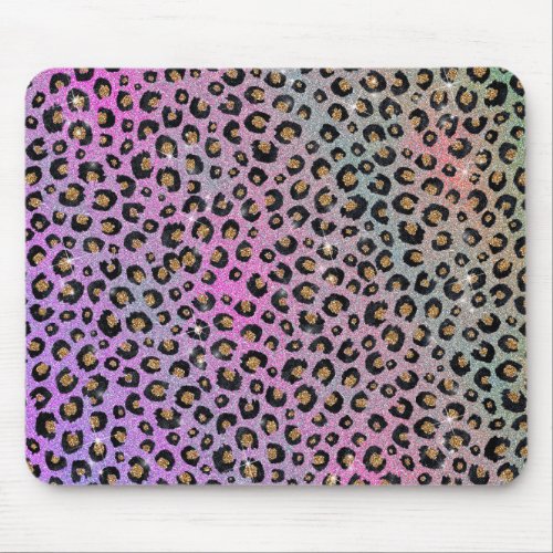 Elegant Pink Blue Gold Glitter Black Leopard Print Mouse Pad