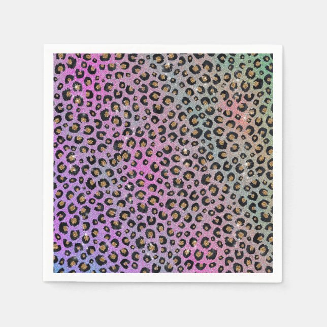 Elegant Pink Blue Gold Glitter Black Leopard Print Napkins (Front)