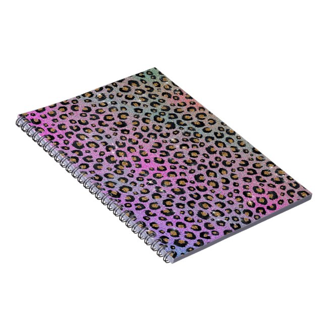 Elegant Pink Blue Gold Glitter Black Leopard Print Notebook (Right Side)
