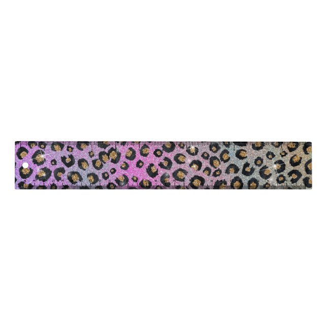 Elegant Pink Blue Gold Glitter Black Leopard Print Ruler (Front)