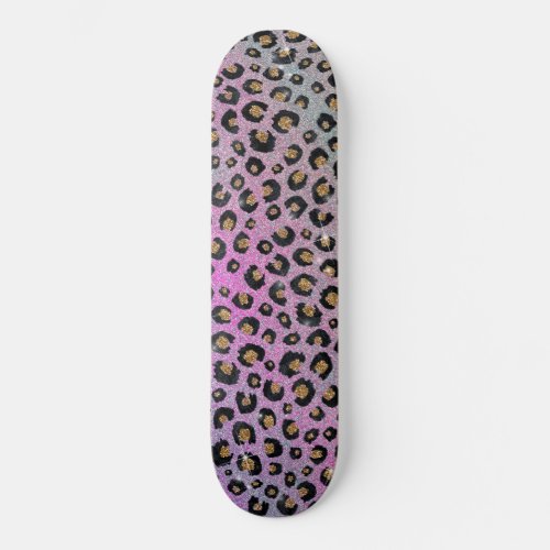 Elegant Pink Blue Gold Glitter Black Leopard Print Skateboard