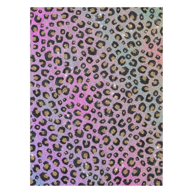 Elegant Pink Blue Gold Glitter Black Leopard Print Tablecloth (Front)
