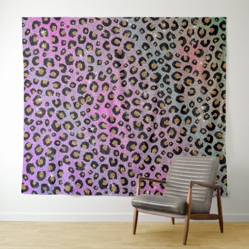 Elegant Pink Blue Gold Glitter Black Leopard Print Tapestry