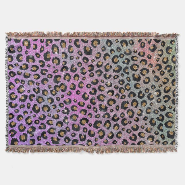 Elegant Pink Blue Gold Glitter Black Leopard Print Throw Blanket (Front)