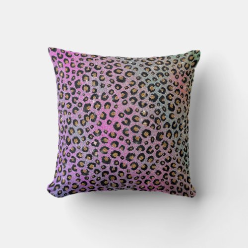 Elegant Pink Blue Gold Glitter Black Leopard Print Throw Pillow