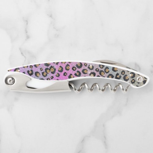 Elegant Pink Blue Gold Glitter Black Leopard Print Waiters Corkscrew