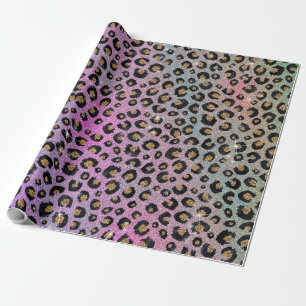 Elegant Pink Blue Gold Glitter Black Leopard Print Wrapping Paper