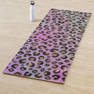 Elegant Pink Blue Gold Glitter Black Leopard Print Yoga Mat