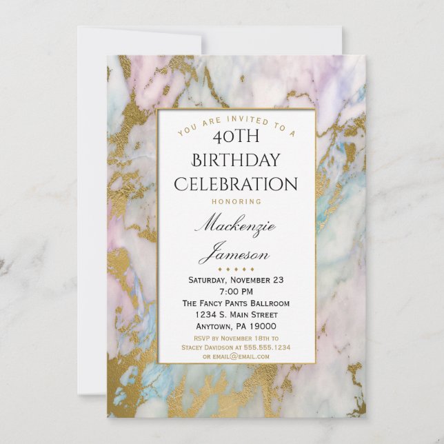 Elegant Pink Blue Gold Marble Birthday Invitation (Front)